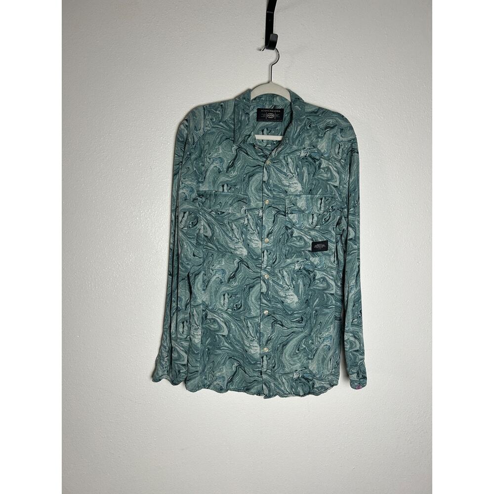 Scotch and Soda Shirt Button Up Green Blue Marble Print Double Pocket Size L